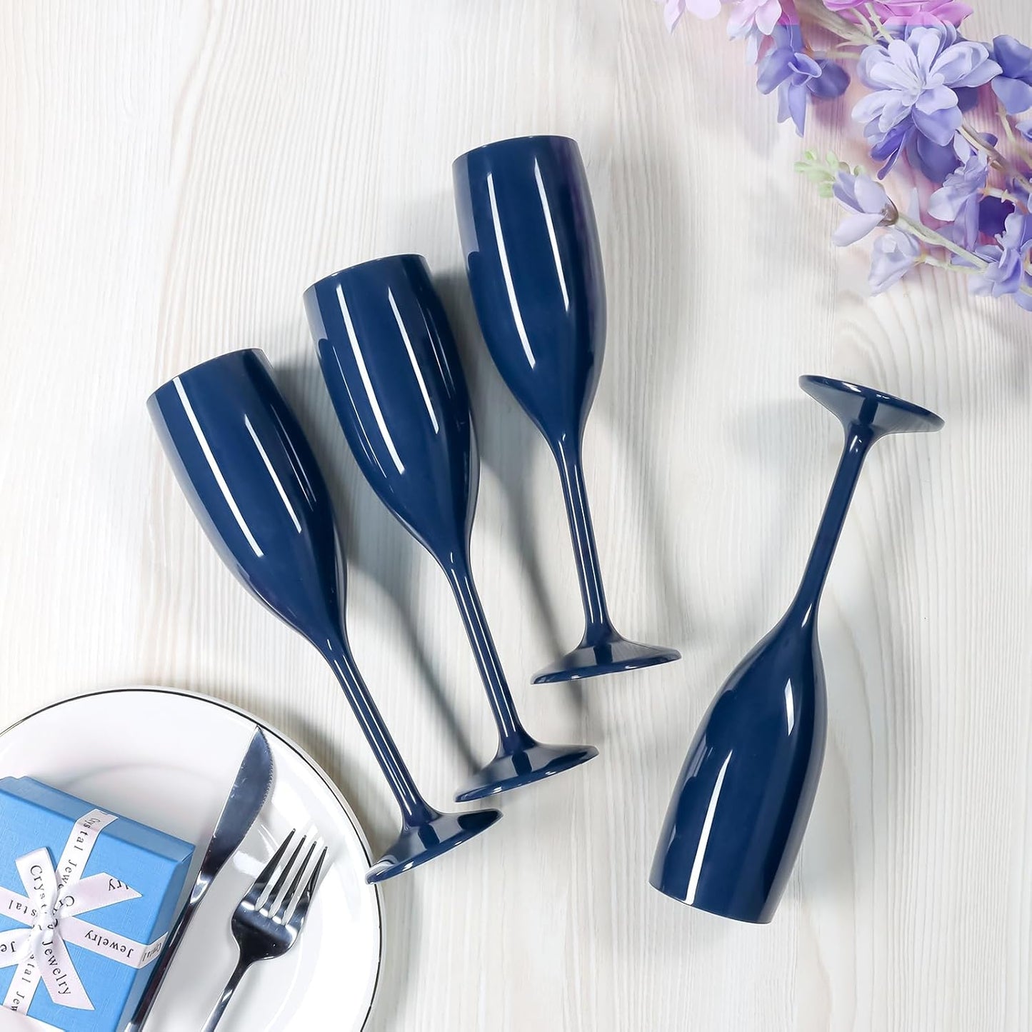 Navy Blue Champagne Flute Acrylic Champagne Glasses Wedding Toasting Champagne Flute Goblet Plastic Reusable Unbreakable Champagne Cups for Bachelorette Wedding Bridal Shower Party (Navy Blue, 24)