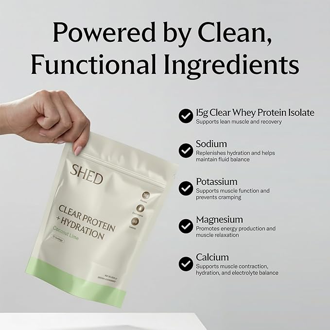 Clear Protein Powder with Electrolytes by Shed, 15g Whey Protein Isolate, Low Calorie and Lactose Free, Light and Clean Hydration Drink, Bloat-Free Post Workout Supplement, Coconut Lime (15 Servings)