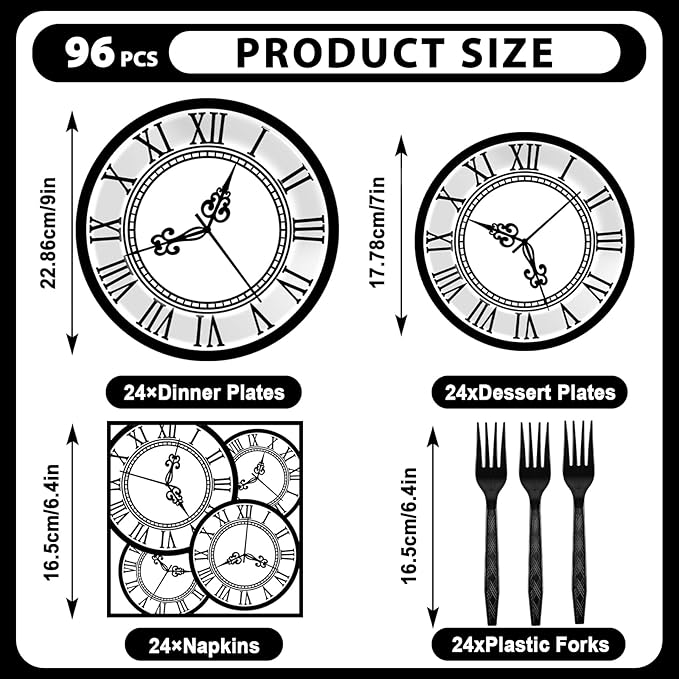 96PCS Wonderland Tea Party Paper Plates and Napkins Wonderland Disposable Dinnerware Clock Theme Tableware for Tea Baby Shower Garden Afternoon Birthday Gatherings Decorations