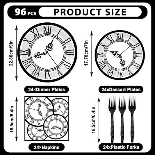 96PCS Wonderland Tea Party Paper Plates and Napkins Wonderland Disposable Dinnerware Clock Theme Tableware for Tea Baby Shower Garden Afternoon Birthday Gatherings Decorations