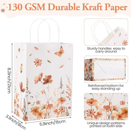 Marspark 24 Pcs Thanksgiving Floral Paper Gift Bags Wildflower Treat Bag with Handles for Wedding Birthday Baby Shower Autumn Floral Candy Goodie Bag for Guests, 8.3'' x 5.9'' x 3.1''(Butterfly)
