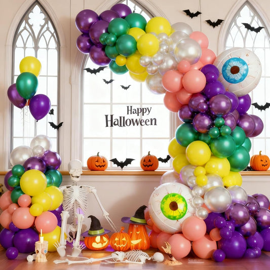 Halloween Balloon Arch Garland Kit, Pink Green Purple Balloons With Blue Green Eyeball Foil Balloons For Halloween Ghost Masquerade Spooky Vampire Scary Themed Birthday Party Decorations