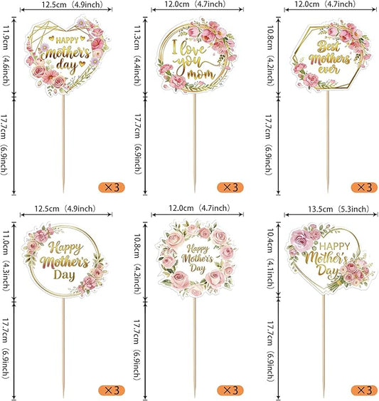 18 PCS Happy Mother's Day Centerpiece Sticks Double Sided Love Mother Best Mom Table Centerpieces Rose Flowers Love Mom Floral Decorations for Happy Mother's Day Theme Women Birthday Party Supplies