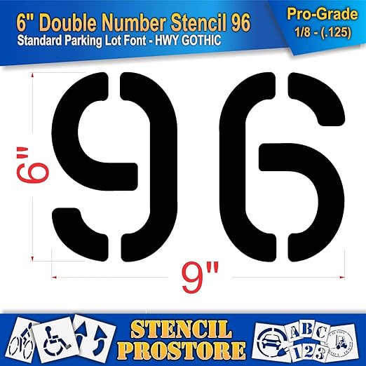 Pavement, Curb, and WheelStop Stencils - 6 inch Double Number Stencil - (96) - 6" x 9" x 1/8" (128 mil) - Pro-Grade