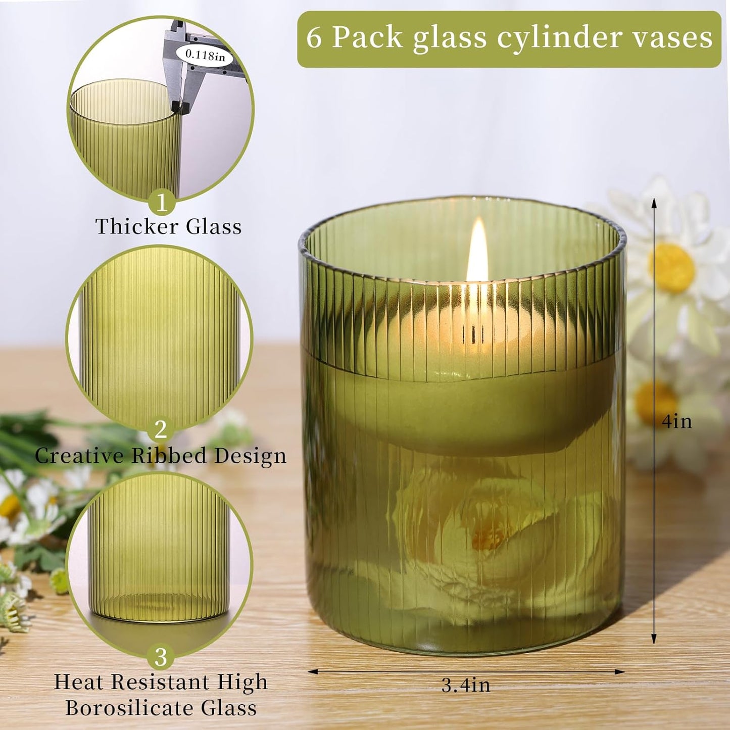 Glass Ribbed Cylinder Vase Set of 6, Bud Vase for Wedding Centerpieces, Green Flower Vases Bulk, Hurricane Floating Candle Holder, Decorative Flower Vase for Table Housewarming Gifts (Green)