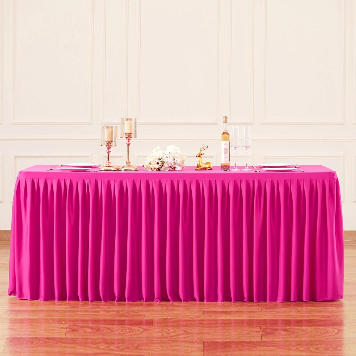 Hot Pink Polyester Table Clothes for 4 Foot Rectangle Tables, Wrinkle Free Fitted Table Cover with Pleated Ruffle Table Skirt for Birthday Party Wedding Trade Show Event Display