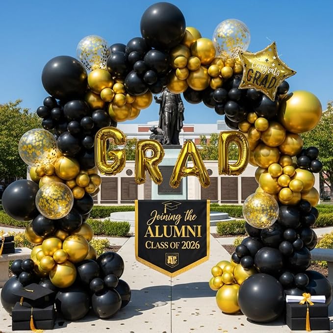 Graduation Balloon Arch Kit - 115Pcs Black Gold Graduation Balloon Garland with GRAD Letters and Star Foil Balloons for Class of 2026 Grad Prom Party Decor