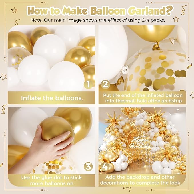 White and Gold Balloon Arch Garland Kit 153pcs with Star, 22 18 12 10 5in Different Size White Metallic Gold Confetti Latex Balloons for Birthday Anniversary Wedding Baby Shower Decoration