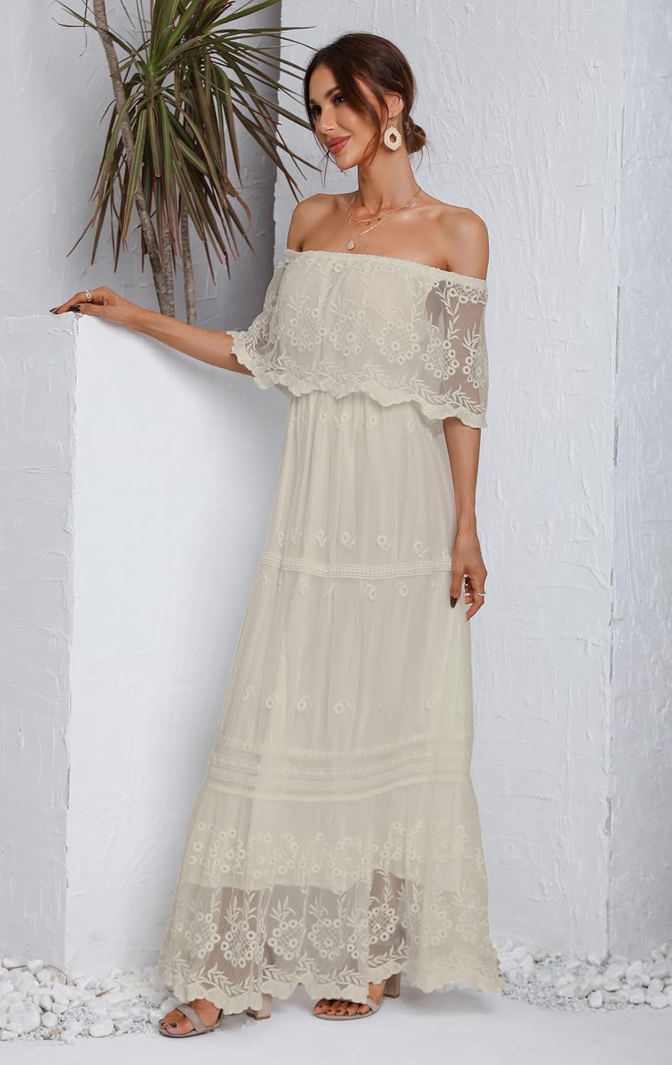 HOYISHION Women's Off The Shoulder Floral Lace Maxi Dress White Bridesmaid Wedding Party Maternity Photoshoot Long Dresses