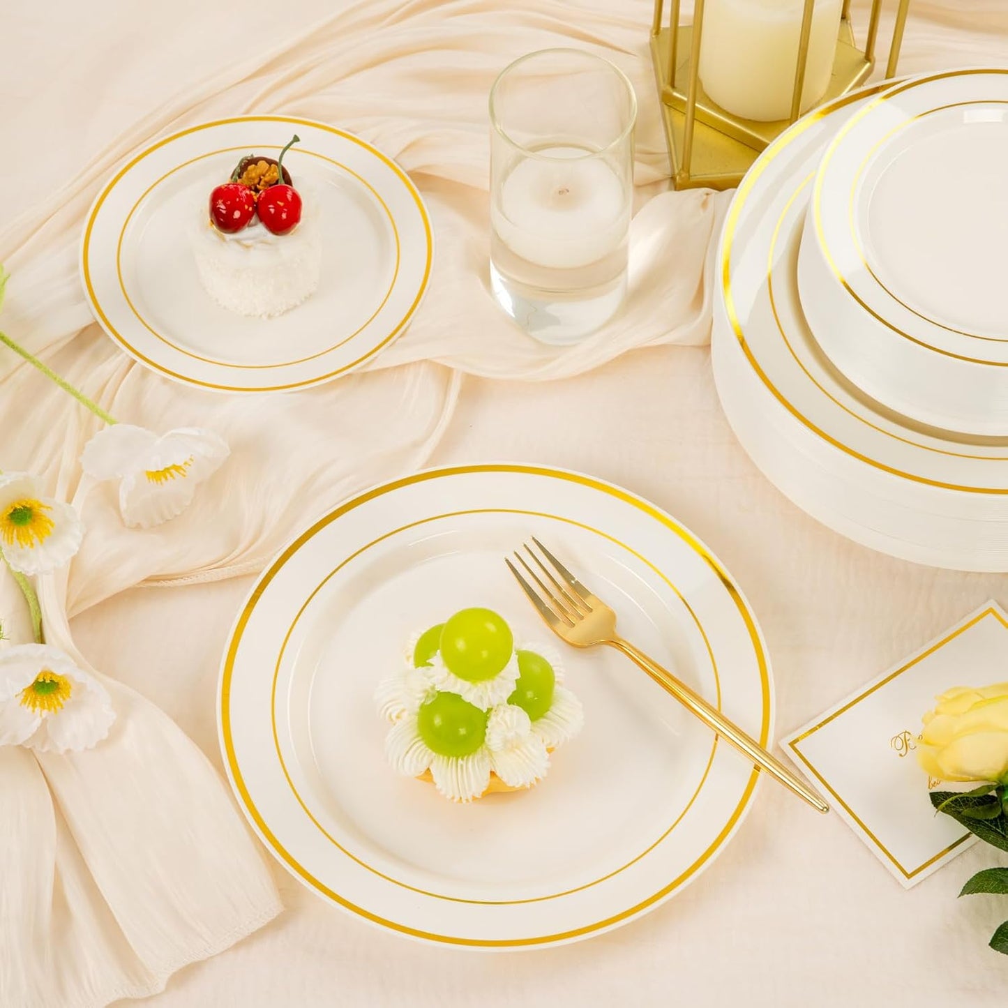 U-QE 100pcs Thanksgiving Plastic Plates for Party - Ivory Gold Plastic Plates Disposable Heavy Duty - Include 50 10" Dinner and 50 7" Dessert Plate, Perfect for Party, Wedding, Fall & Friendsgiving