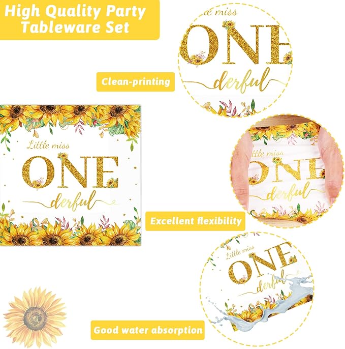 96Pcs Sunflower 1st Birthday Party Supplies Baby Girl Little Miss Paper Plates Napkins Sun Flower Party Decorations First Birthday Dinnerware Favor Tableware Serves 24