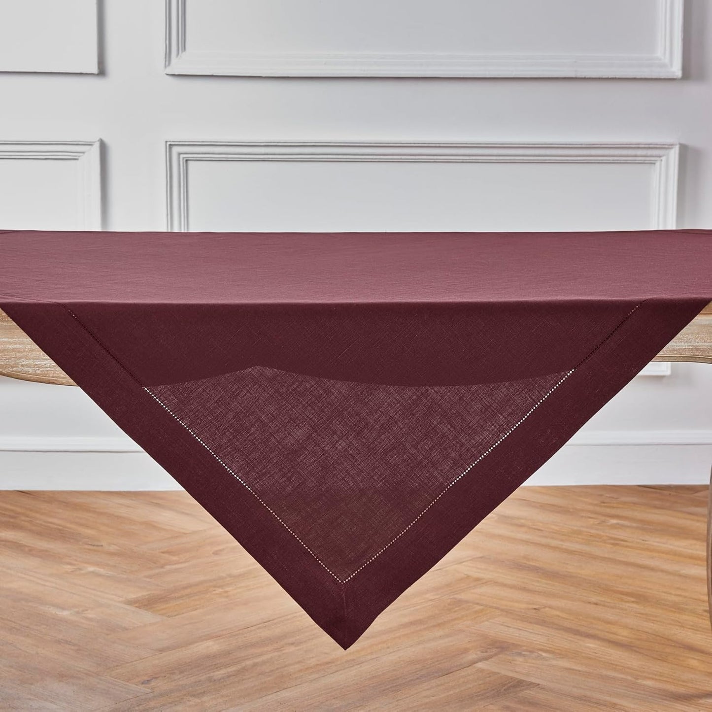 Solino Home Linen Square Tablecloth 52 x 52 Inch - 100% Pure Linen Burgundy Table Throw - Classic Hemstitch, Machine Washable Table Cloth for Fall, Autumn, Thanksgiving, Holiday