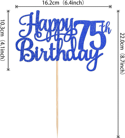 1 PCS Happy 75th Birthday Cake Topper Glitter Cheers to 75 Years Birthday Cake Pick Seventy Five 75 Fabulous Cake Decoration for Happy 75th Birthday Theme Party Decorations Supplies Blue