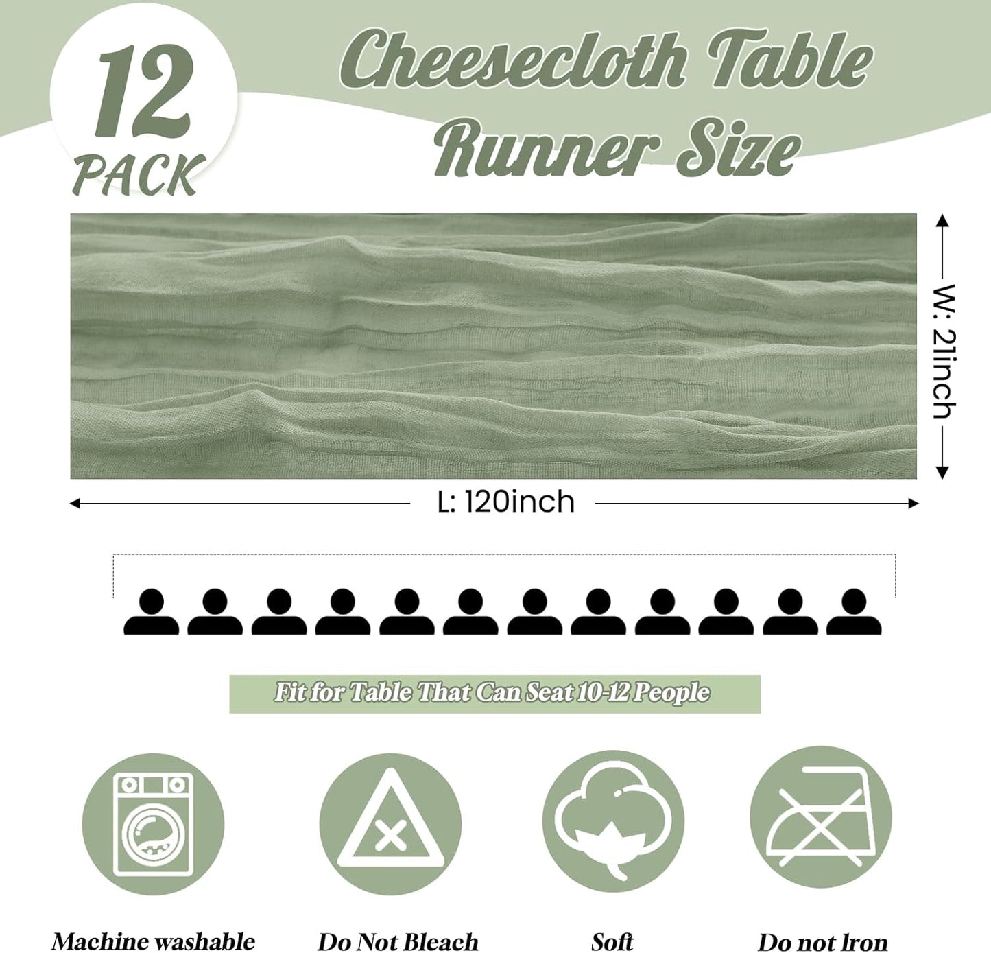 12 Pack Sage Green Table Runner 10FT Cheesecloth Table Runner 21 x 120 inch Boho Gauze Cheese Cloth Table Runner Rustic Sheer Table Runner for Party Wedding Bridal Baby Shower Birthday Table Decor
