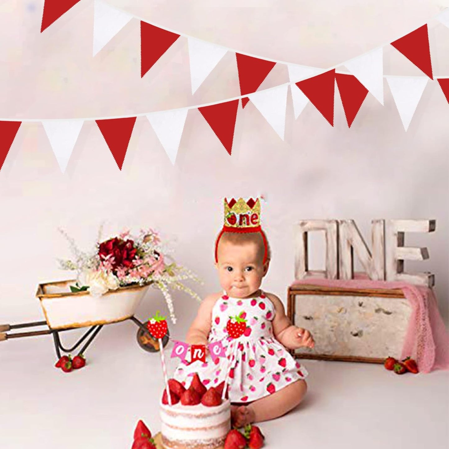 32Ft Red White Pennant Banner Fabric Triangle Flag Bunting Garland Streamers for Wedding Engagement Bridal Shower Anniversary Bachelorette Birthday Party Home Outdoor Garden Hanging Decoration
