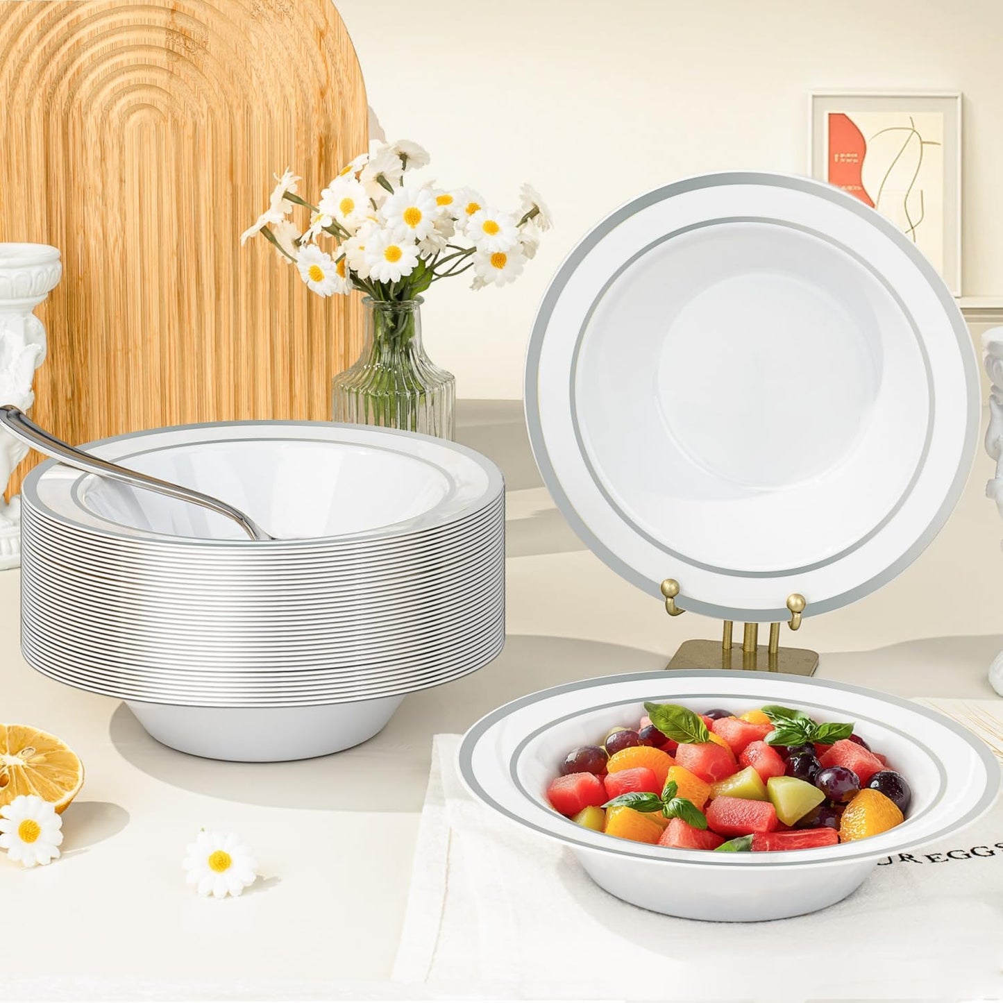 BESTVIP 200 Pack Plastic Bowls with Silver Rim, 12 oz Disposable Soup Bowls, Heavy-duty Dessert Fruit Bowl for Party, Wedding, Christmas, Thanksgiving, Dinner Catering
