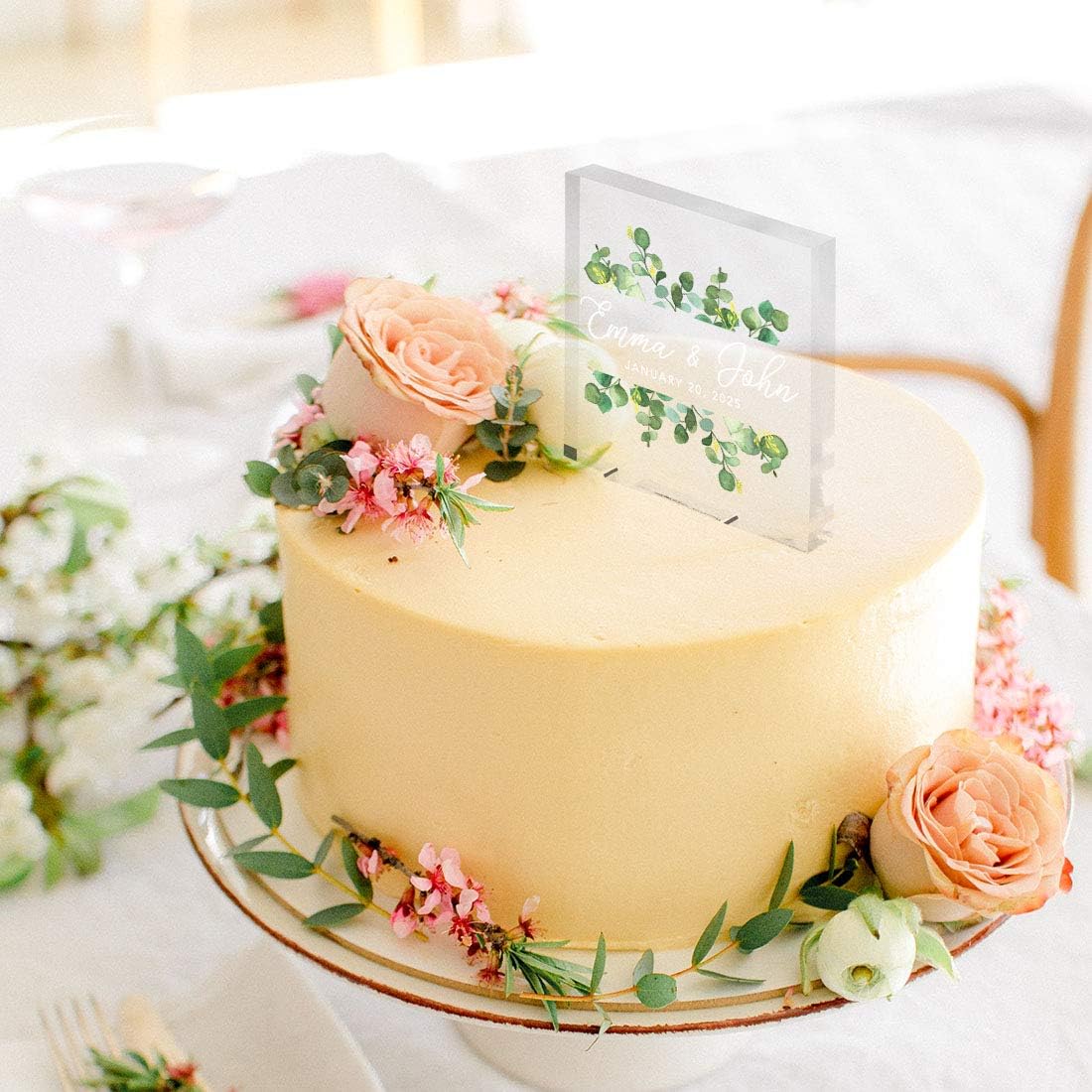 Andaz Press Silver Dollar Eucalyptus Greenery Custom Wedding Cake Topper, Acrylic Square Personalized Couple Cake Topper