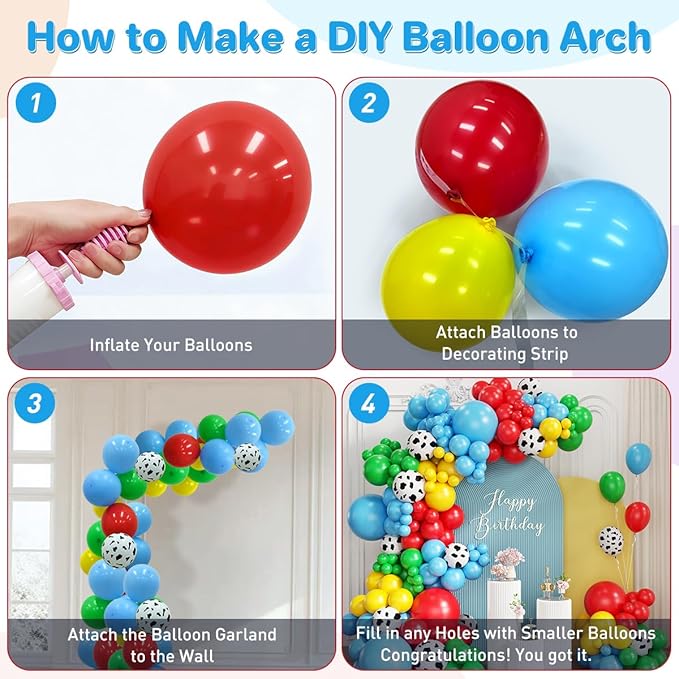 Toy Inspired Story Balloon Arch Kit, 167Pcs Blue Red Yellow Green Cow Print Balloons for Kids Boy Girl Cartoon Theme Birthday Baby Shower Decorations