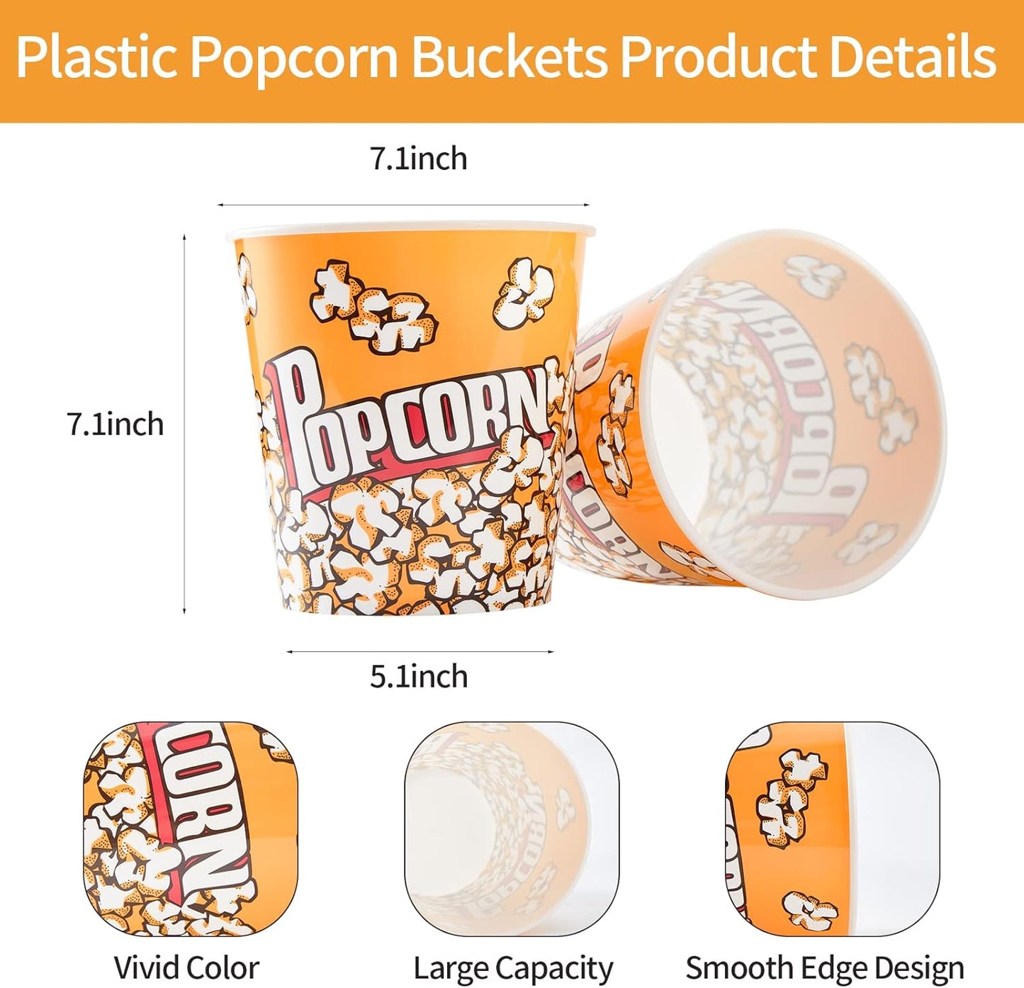 Plastic Popcorn Containers Retro Style Reusable Popcorn Buckets for Movie Night 7.1”x7.1”x5.1” - 2 Pack…