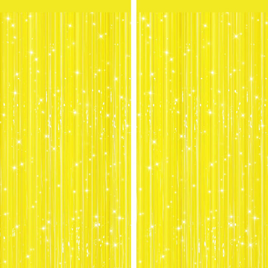 2 Pack Yellow Metallic Tinsel Foil Fringe Curtains, Door Streamers Photo Booth Backdrop for Birthday Party, Tinsel Curtain Backdrop for Baby Shower Bachelorette Christmas Party Decorations