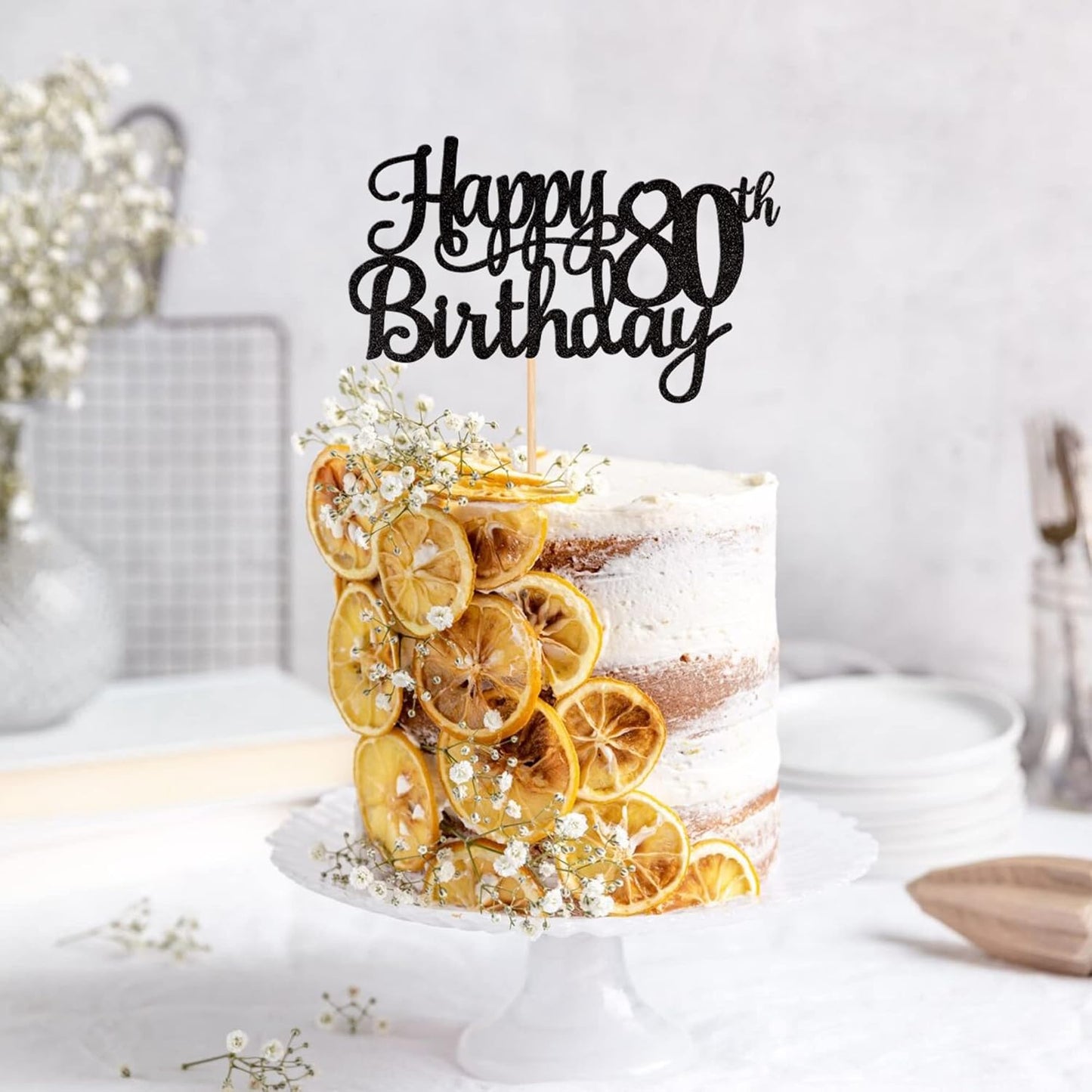 1 PCS Happy 80th Birthday Cake Topper Glitter Cheers to 80 Years Birthday Cake Pick 80 Fabulous Cake Decoration for Happy 80th Birthday Theme Party Decorations Supplies Black
