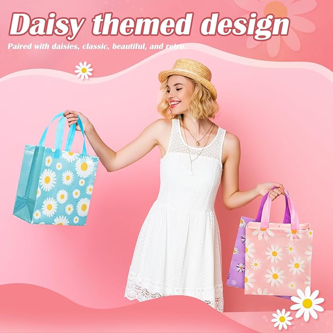 HunnmingRe 30 Pcs Daisy Flower Gifts Bags with Handles Daisy Party Favors Bag Bulk Summer Non Woven Reusable Goodies Treat Handbags for Birthday Wedding Baby Shower Party Supplies, 6 Style