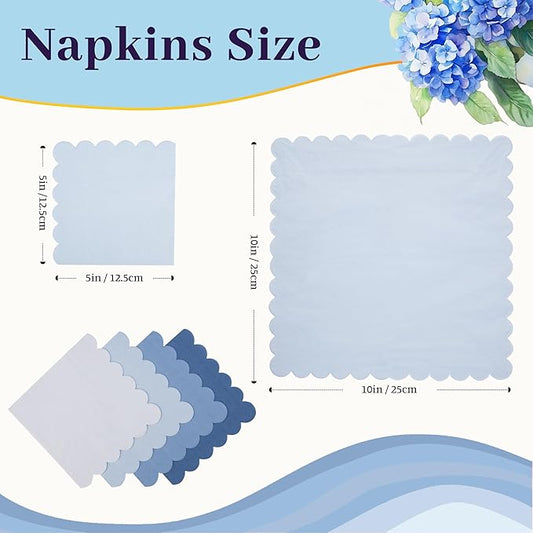 100 Pcs Blue Scalloped Napkins Gradient Color Cocktail Napkin Folded 5 x 5 Beverage Napkins Disposable Paper Napkins for Birthday Party Supplies