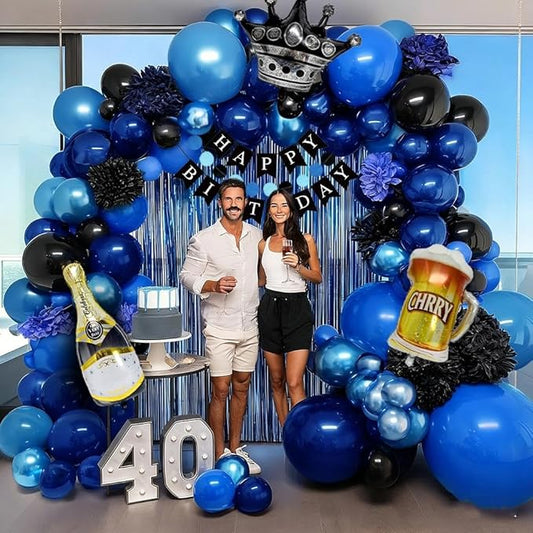 Blue Black Balloon Garland, Double Stuffed Dark Royal Navy Blue Balloons Fringe Curtains, Foil Balloons, Birthday Banner Decorations for Men Birthday Baby Shower Father's Day Graduation Party Supplies