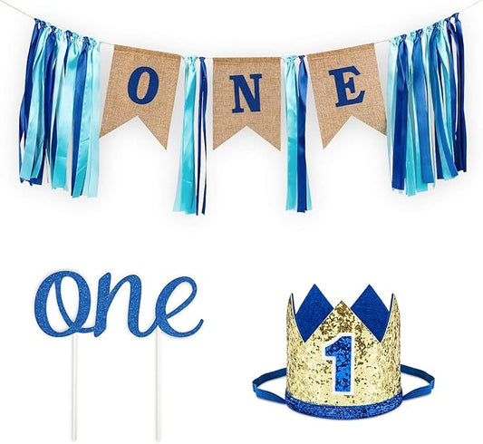 1st Birthday Boy Decorations with Burlap Highchair Banner, Cake Topper, Blue Hat Crown for Happy First Birthday Party Decoration Supplies