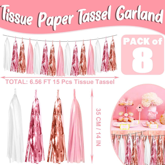 8P Pink White Peach Rose Gold Tassels Foil Fringe Metallic Garland Banner, Tassels Banner Streamers for Parade Floats, Wedding, Birthday, Christmas, Bridal/Baby Shower Graduation Party Decorations