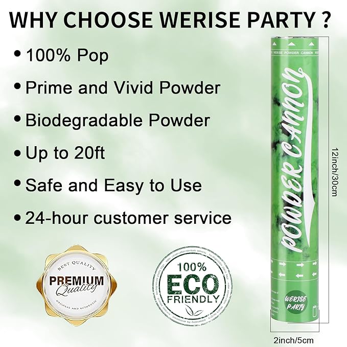 Green Powder Cannon Poppers, WERISE Party Biodegradable Smoke Poppers Cannon 12 Inch Powder Poppers for Graduation Birthday Party and Celebrations 2 Pack