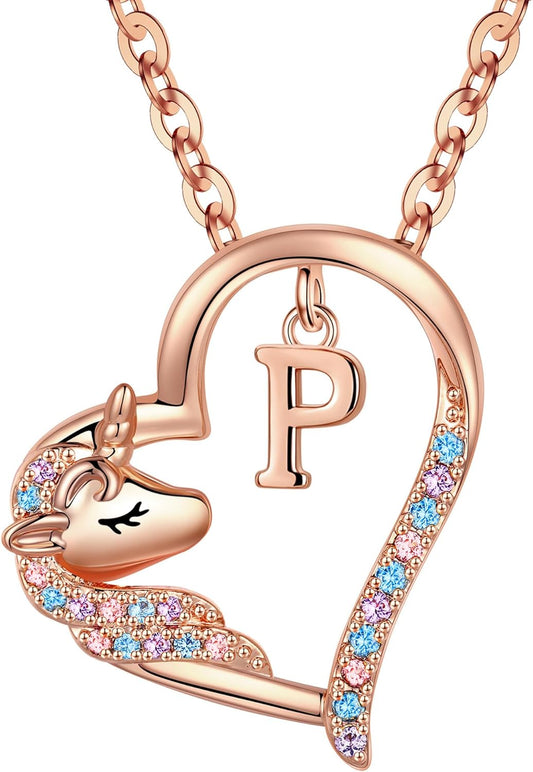 Anoup Unicorn Gifts for Girls Necklace - Colorful CZ Heart Pendant A-Z Initial Necklaces Cute Unicorns Jewelry Birthday Gift for Girl
