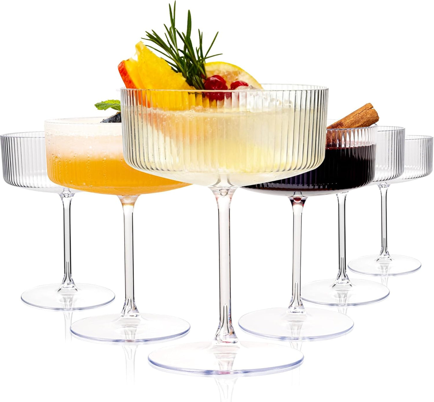 Ciaell 12PCS Plastic Ribbed Martini Glasses - 10 Oz Disposable Coupe Glasses with Stem - Heavy Duty Margarita Cups for Bars, Cocktails, Whiskey, Parties & Wedding