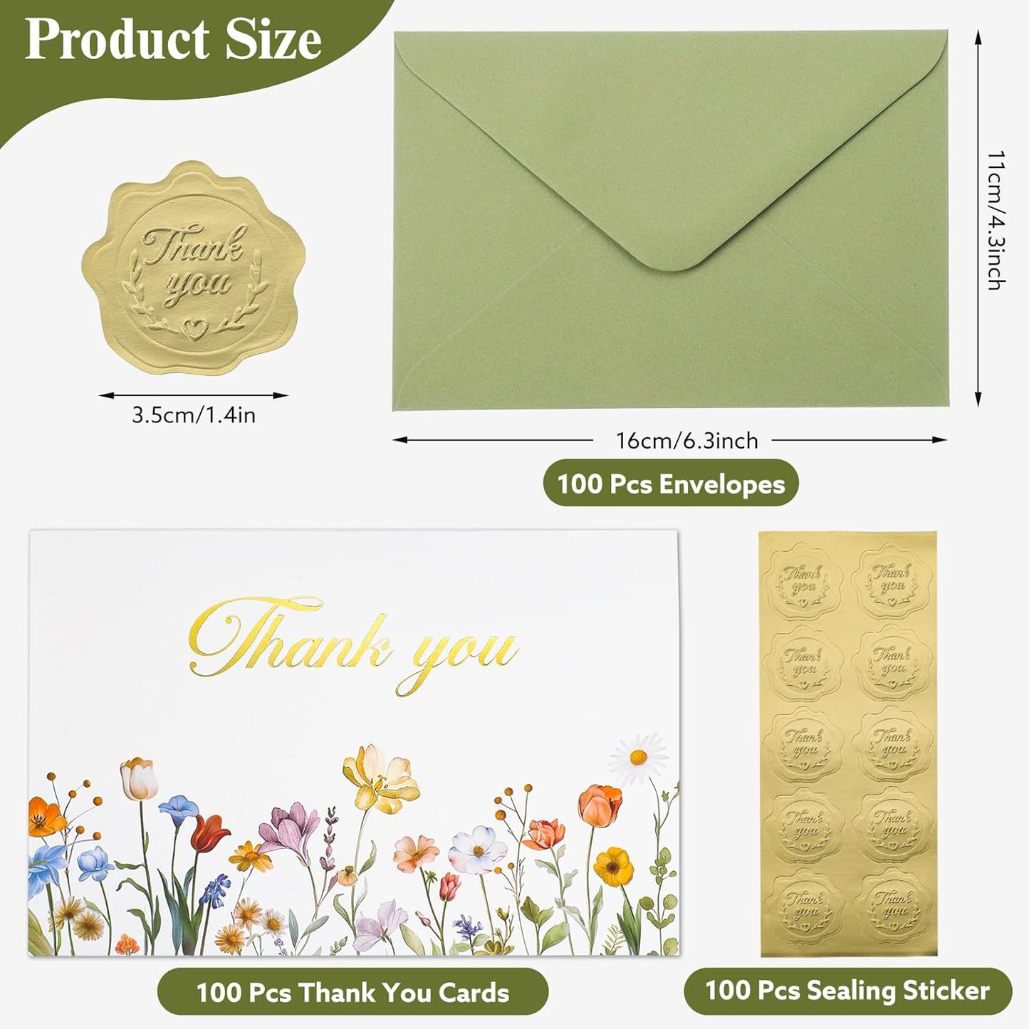 100 Pack Thank You Cards with Envelopes, 4x6 Inch Thank You Cards Bulk Blank Notes Card with Stickers Greeting Card for Wedding, Baby Shower, Bridal Shower, Birthday, Thanksgiving, Christmas