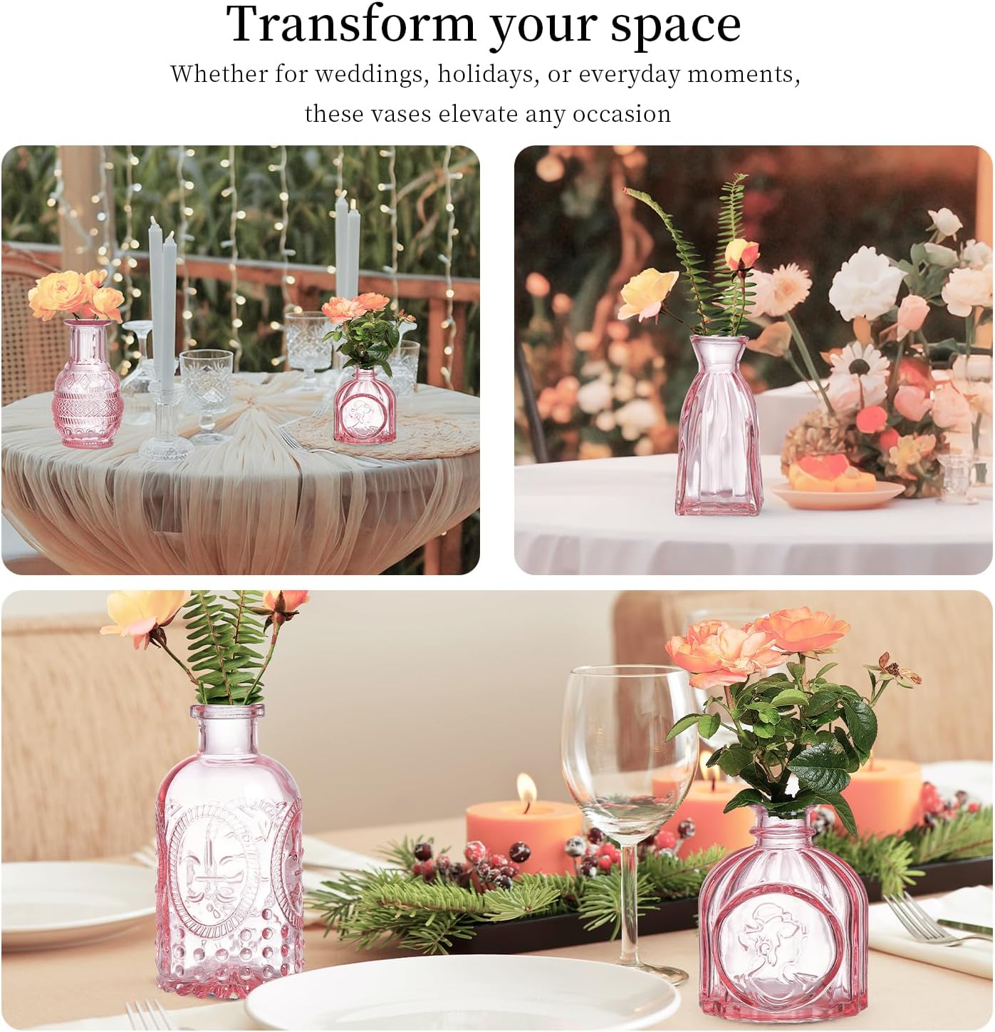 Glass Bud Vases Set of 32 - Pink Assorted Small Mini Glass Vases for Flowers, Crystal Vintage Vase Set, Bulk Centerpieces for Table Décor, Wedding, Home and Events (Pink, 32 Pcs)