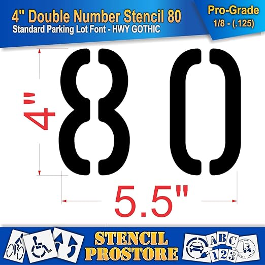 Pavement, Curb, and WheelStop Stencils - 4 inch Double Number Stencil - (80) - 4" x 5.5" x 1/8" (128 mil) - Pro-Grade