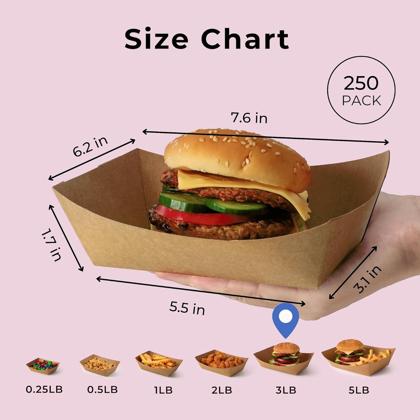 Fit Meal Prep [250 Pack 3 lb Paper Food Boats Heavy Duty Disposable Food Trays, Kraft Brown Nacho Tray for Parties Fairs Picnics Carnivals Holds Tacos Nachos Fries Hot Dogs Grease Resistant