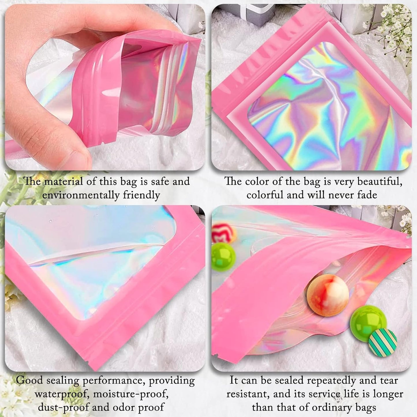 ANZNKU 100 Pack Mylar Bags Reasealable Holographic Bags, Smell Proof Bag Zipper Pouches with Clear Window, Jewelry Candy Sealable Bag for Packaging Sample Party Favor (Pink, 7.1 x 10.2 Inch)