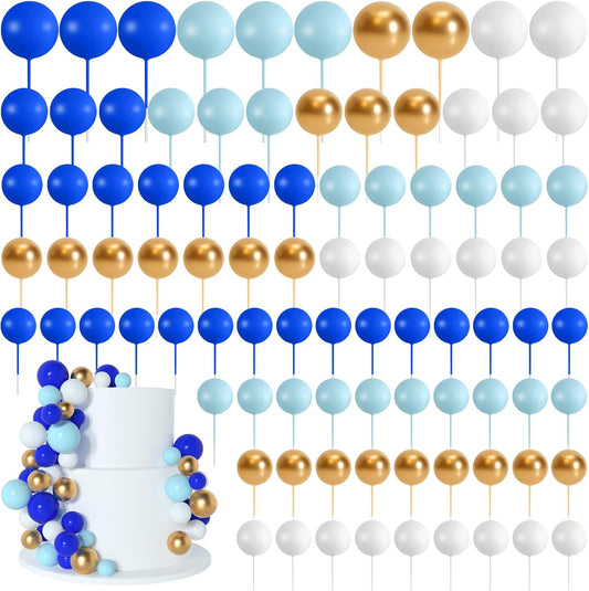 138 Pcs Cake Topper Decorations - Balloon Cupcake Toppers, Foam Balls for Birthday Party, Wedding Anniversary Cake Decor (Assorted Blue, White, Gold)