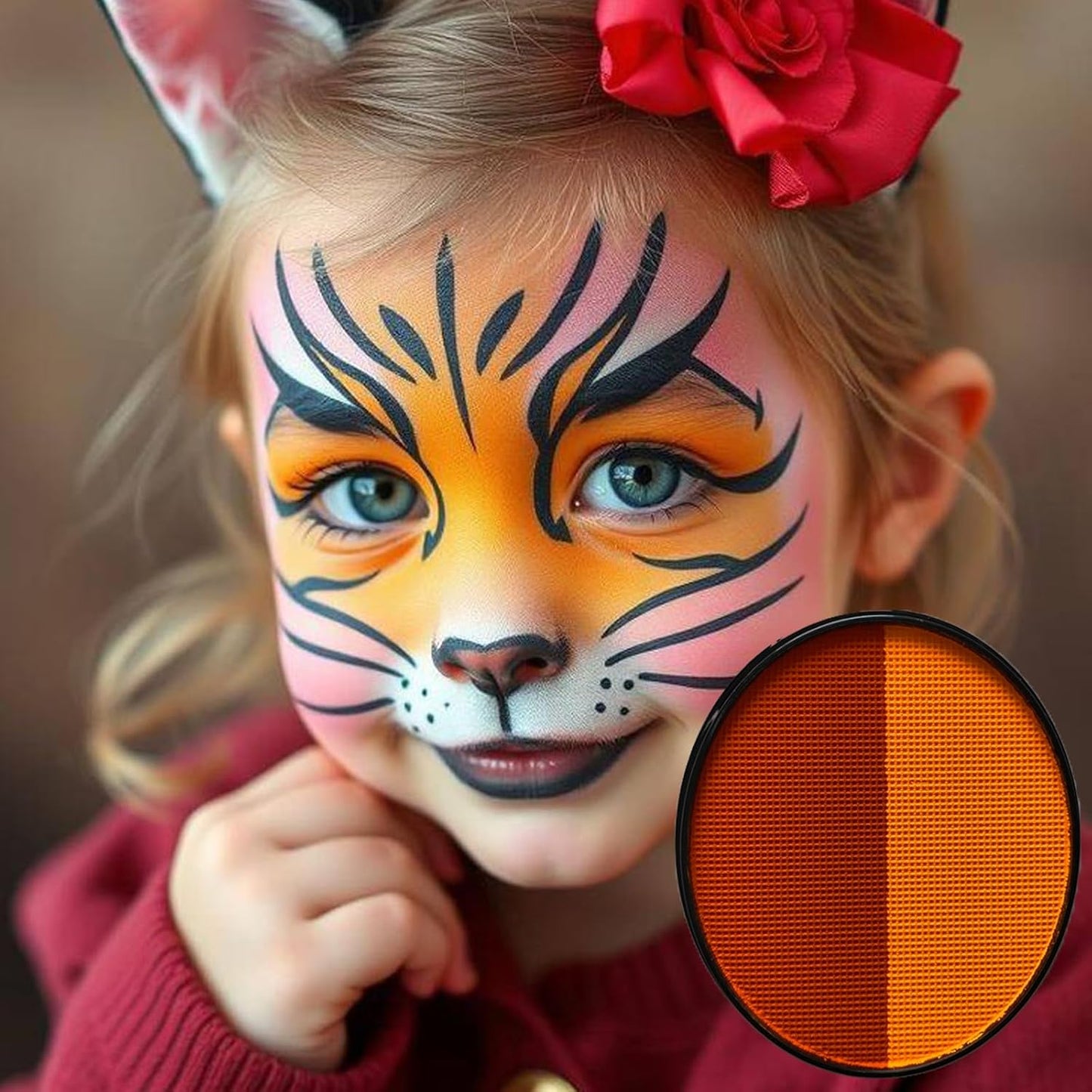 Orange Face Body Paint(30gm), Water Activated Halloween Face Painting Kit Safe for Kids & Adults, Non Toxic Facepaint Palette for Scary Pumpkin Fox Leopard Special Effects Cosplay SFX Makeup Party