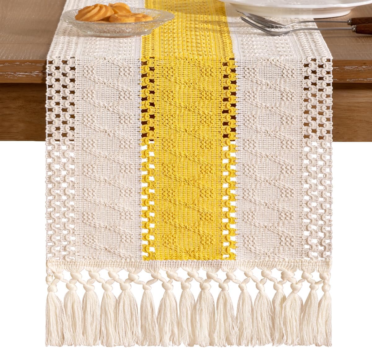 Socomi Boho Table Runner Fall Thanksgiving Farmhouse Rustic Dining Kitchen Centerpiece Decor Small Macrame Woven Cotton Coffee Table Runner for Dresser Scarf Home Decor 12x48 in Yellow Gold Ivory