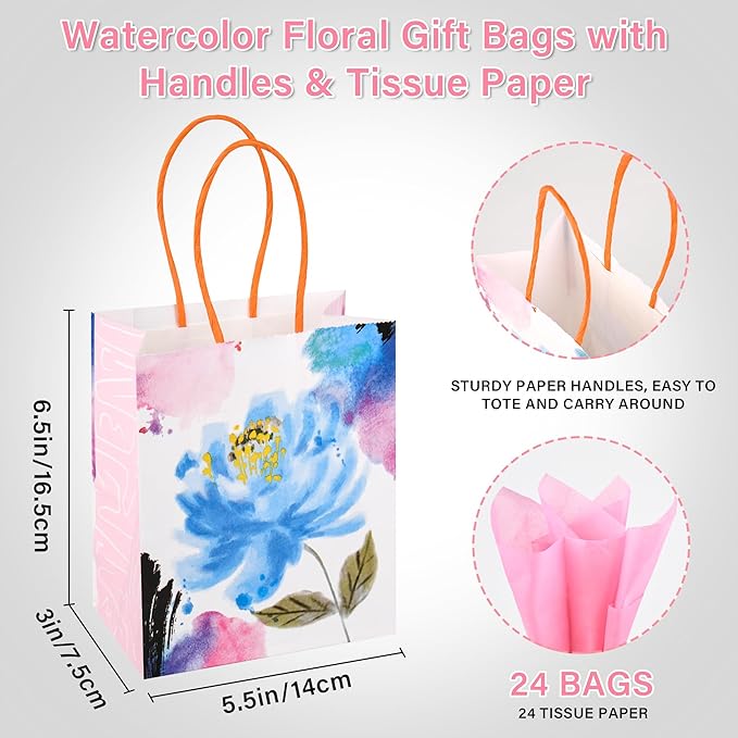 24 Pack Mini Watercolor Floral Paper Gift Bags Small Pink Party Favor Bags with Handles and Tissue Paper for Wedddings, Bridal Baby Showers, Birthdays, Valentines, Mother's Day, 6.5x5.5x3 Inch