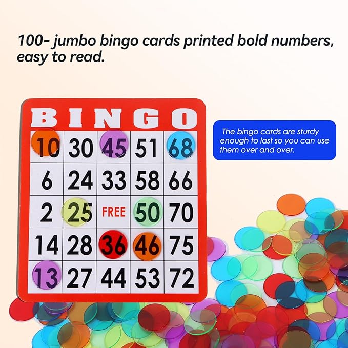 GSE Games & Sports Expert Complete Calling Bingo Game Set with 100 Bingo Cards, 1,000 Colorful Bingo Chips & Bingo Calling Cards for Parties, Large Groups, Bingo Game Nights