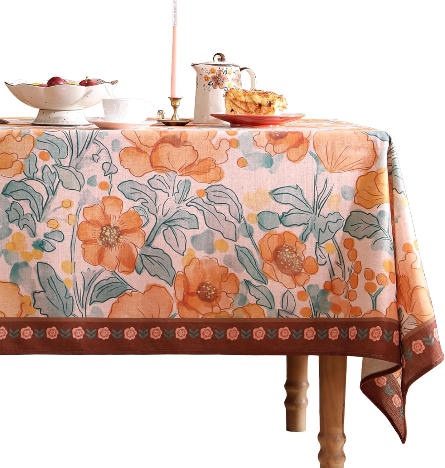 Vintage Linen Rectangle Tablecloth,Italian Orange Floral Pattern Soft and Wrinkle Resistan Table Cloth,Decor Table Cover for Kitchen,Dining,Thanksgiving,Christmas,63"*87"-Positano