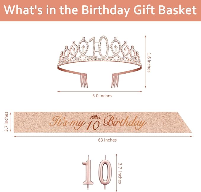 10th Birthday Decorations for Girls with Rose Gold Sash, Tiara,Numbers Candles, Sincere 10th Birthday Gifts for Girls