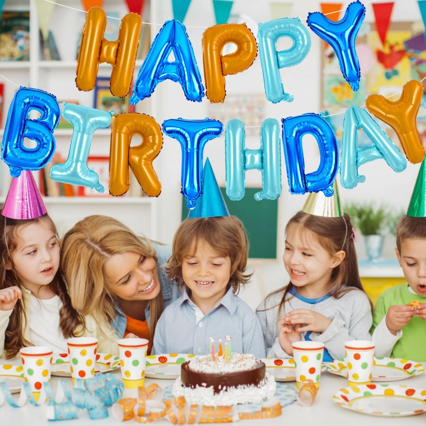 TONIFUL Happy Birthday Balloons Banner with Ribbon Straw, 16 Inch Mylar Letters Birthday Sign Banner Balloon Bunting Reusable for Girls Boys Kids & Adults Birthday Halloween Supplies（Blue Orange）
