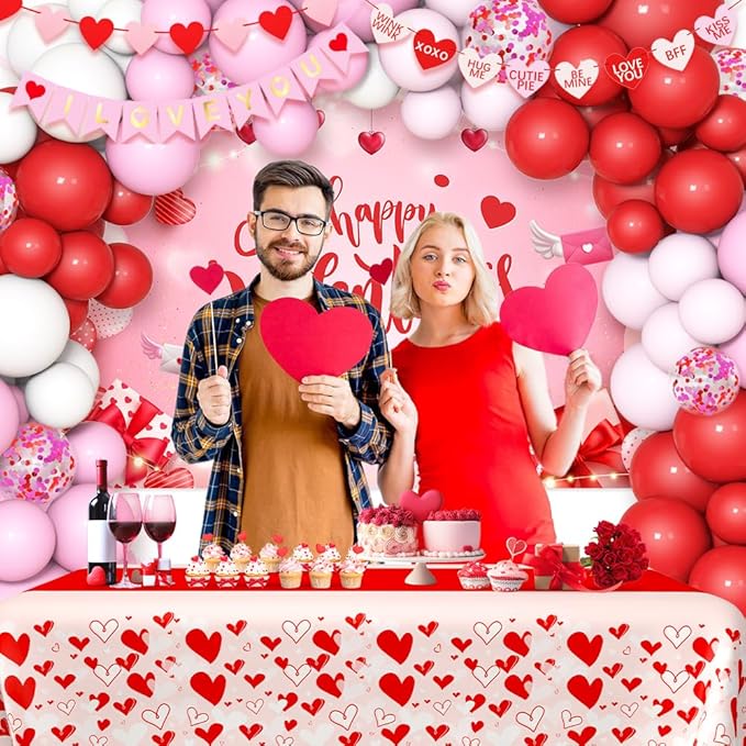 AIBIIN Valentine's Day Balloon Garland Arch Kit,I Love You Banner Red Pink White Confetti Balloons for for Women Girls Wedding Engagement Mother's Day Anniversary Decoration Supplies