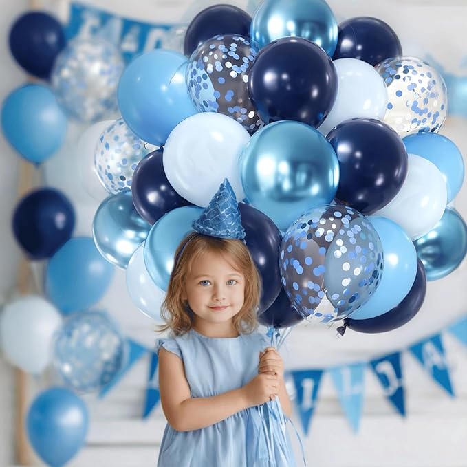 Zesliwy Blue Confetti Balloons Set,50Pcs 12 Inch Navy Light Metallic Blue Balloon Kit Pastel Pale Blue Latex Balloon with Ribbon for Birthday Wedding Graduation Anniversary Party Decorations