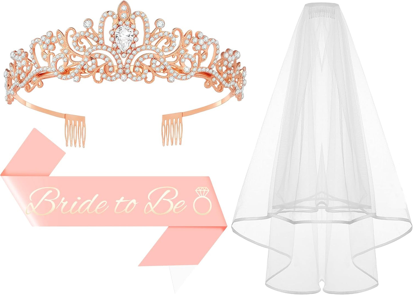 3Pcs Bride to Be Crown with Sash and Veil for Bachelorette Party Decorations, Bridal Shower Accessories for Gift, Favors