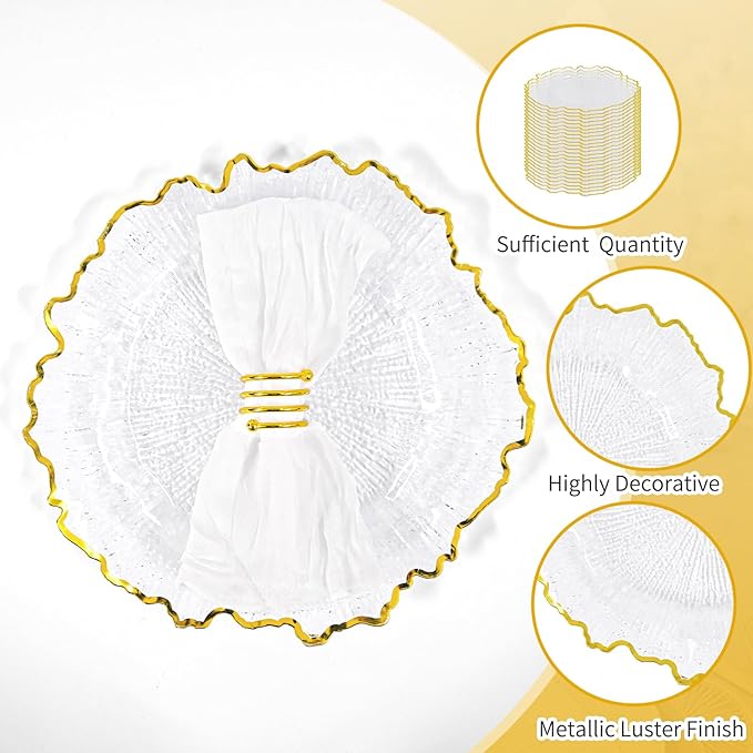 50 Pcs Clear Charger Plates Bulk 13 Inch Plastic Charger Plates for Dinner Plate, Clear with Gold Rim Chargers for Table Setting, Reef Design Plate Floral Decor Round Chargers for Wedding Party Event